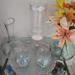 2 Decanters & Glass Floral Vase 