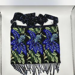 Blue Green White Beaded Floral Crossbody Bag With Beaded Fringe And Strap