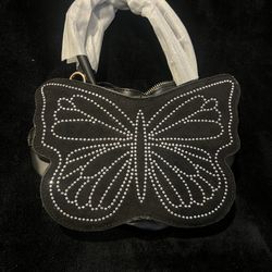 Women’s All Black Butterfly Shape Handbag, Gold Trimming