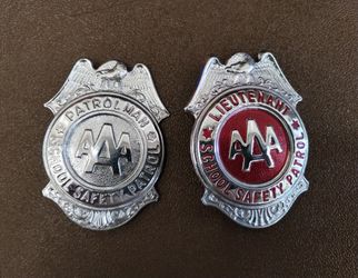 Vintage AAA School Safety Patrol pin back badge lot, Patrolman/Lieutenant, chrome/red