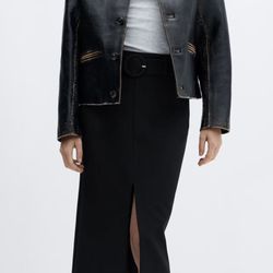 Mango Black Midi Pencil Skirt with Center Front Slit