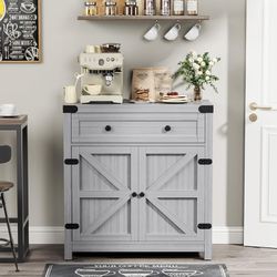 New Decorative Cafe Cabinet, Barn Door Cabinet with Drawer and Adjustable Shelf, Wide Desk for Kitchen, Dining Room, Bathroom, Entryway, Washed Gray