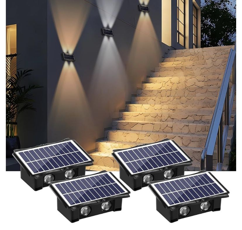 4LED Solar Wall Lights, Up and Down Lighting Solar Light Outdoor Waterproof IP65, 6500K/3000K Solar Fence Light for Yard Garden Garage Christmas Decor