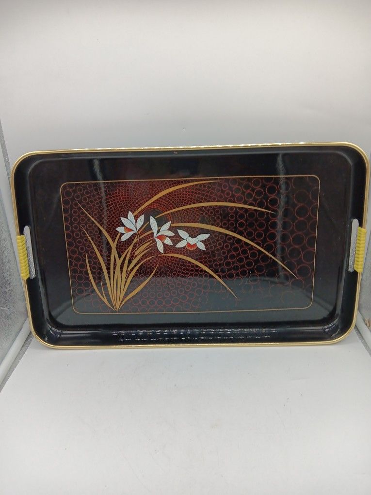 Vintage Japanese Floral Lacquer Decorative 70s Serving Tray Black And Gold Decor