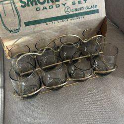 Vintage New Libbey Smokey Grey Glasses With Holder And Original Box