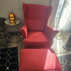 Red Ikea Strandmon Chair With Matching Ottoman