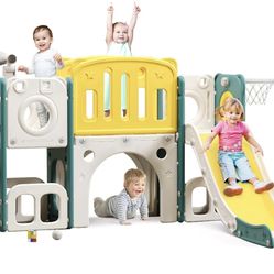 8 in 1 Toddler Slide Set, Kids Slide for Toddlers, Toddler Climber Slide PlaySet with Basketball Hoop,Outdoor Indoor Playground
