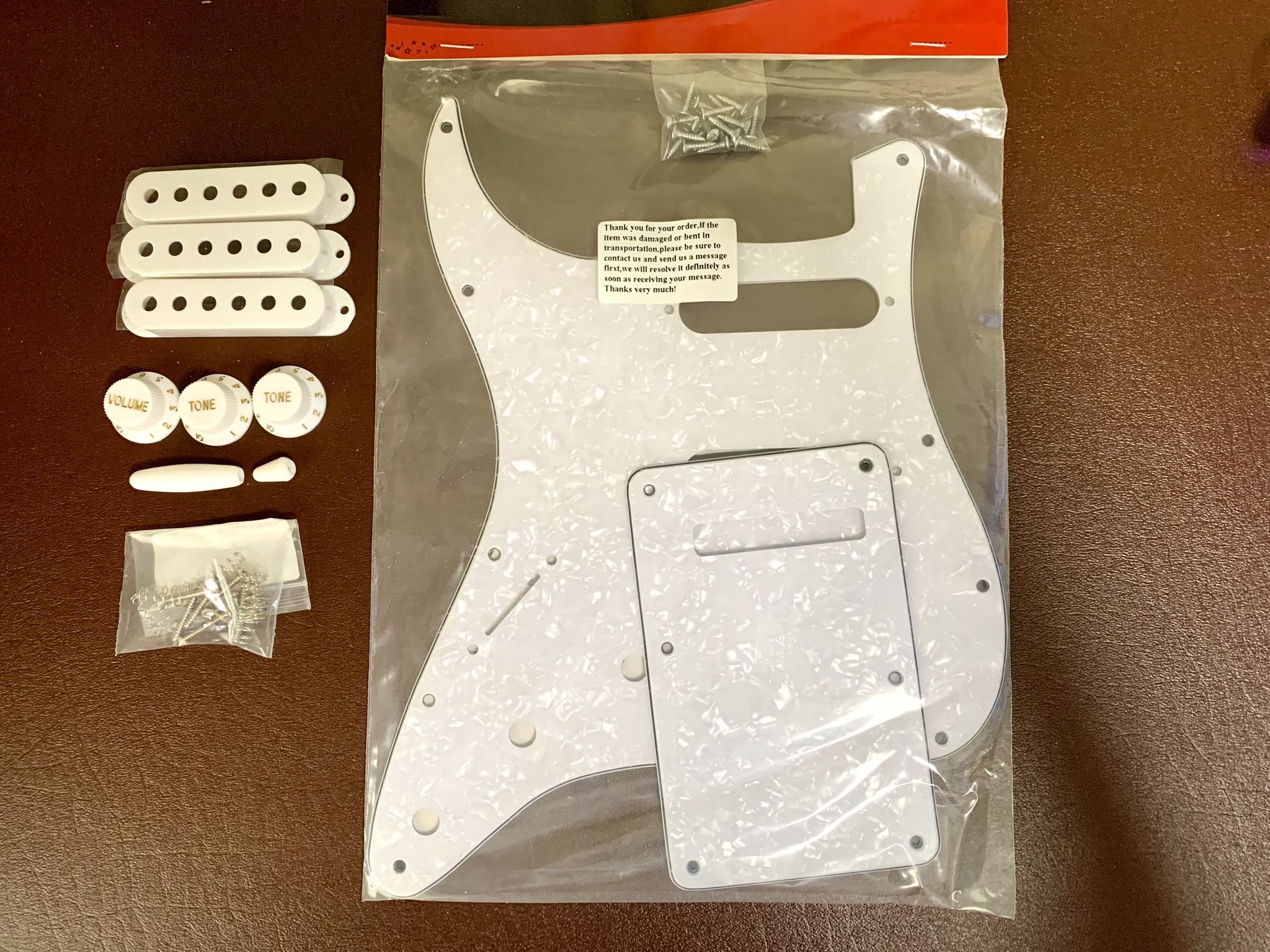LEFT-HANDED NEW Never Used, Stratocaster SSS Electric Guitar White Pearl Shell Left-Handed PICKGUARD and BACK PLATE Plus 3 Pickups Covers, 3 Knobs , A