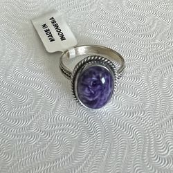 Sterling Silver 925 Oval Tumbled Amethyst Rope Style Bezel Ring