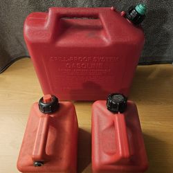 3 gas cans sold as a set.  One 5 gallon.  Two 1 gallon.
