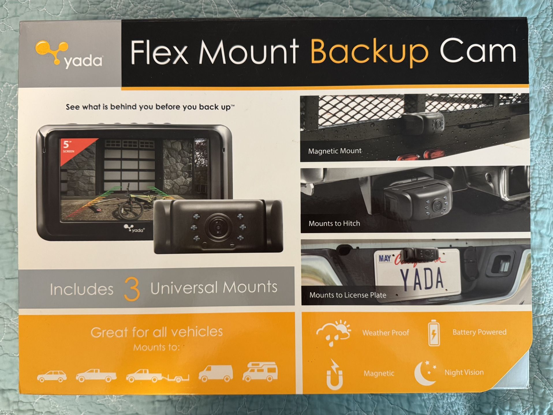 Flex Mount Backup Cam with 3 Universal Mounts, for Car Truck RV Trailer Van, New Opened Box, 