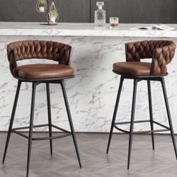 Modern Bar Stools Set of 2, 30" Bar Height Barstools, 180° Swivel Suede Fabric Stool Chairs with Woven Back and Footrest for Kitchen Island, Cafe, Pub