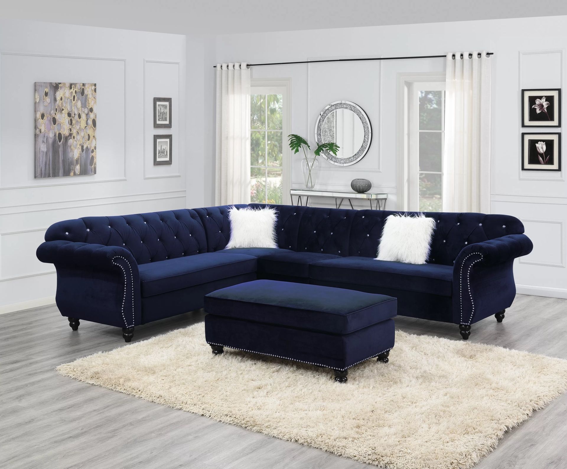 INDIGO VELVET SECTIONAL WITH OTTOMAN 