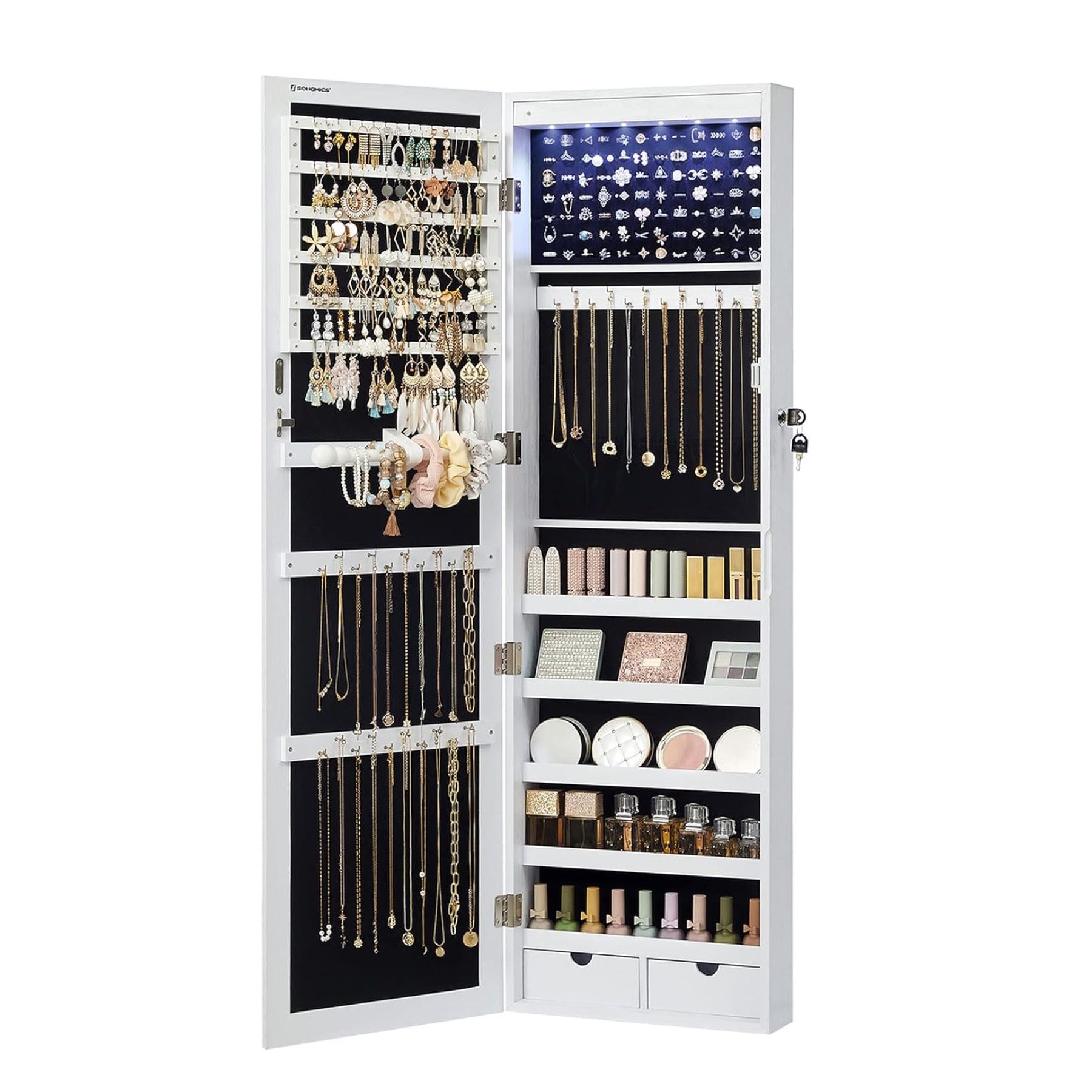 LEDs Mirror Jewelry Cabinet, 47.2-Inch Tall Lockable Wall or Door Mounted Jewelry Armoire Organizer With Mirror