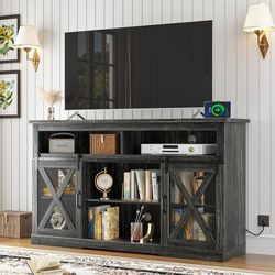 Farmhouse TV Stand for 65+ Inch TVs, Tall TV Stands with Power Outlets, Tall Entertainment Center with Sliding Barn Door & Storage Shelves,