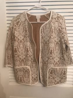 Chico's White & Tan Lace Sweater Blazer Jacket Open Front 3/4 Sleeve Size O=4=Small 