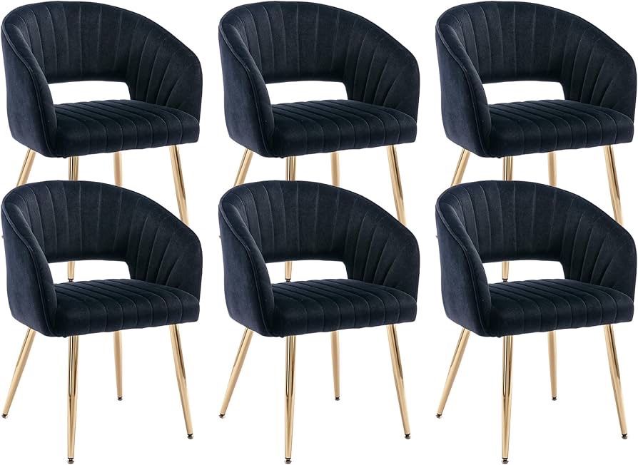 1302D Modern Accent Dining Chairs Set of 6, Upholstered Velvet Dining Room Chairs with Hollow Back, Tufted Kitchen Chairs Side Chairs with Gold Metal
