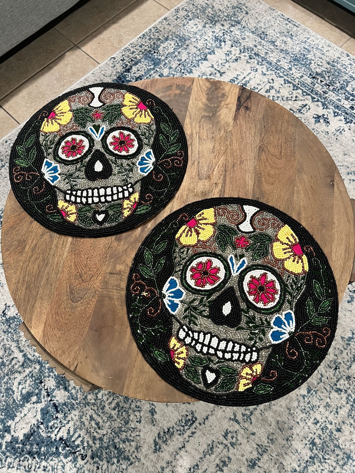 2 Skull Glass Beaded Placemats 