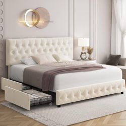 Queen Modern Upholstered Bed Frame with 4 Storage Drawers, Button Tufted Headboard Design, Solid Wooden Slat Support, Soft Velvet