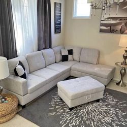Grey Linen Sectional Couch and Ottoman