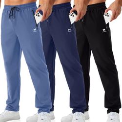 Mens Joggers with Zipper Pockets Open Bottom Sweatpants for Men 3 Pack Lightweight Track Pants Men for Workout,Gym（large）