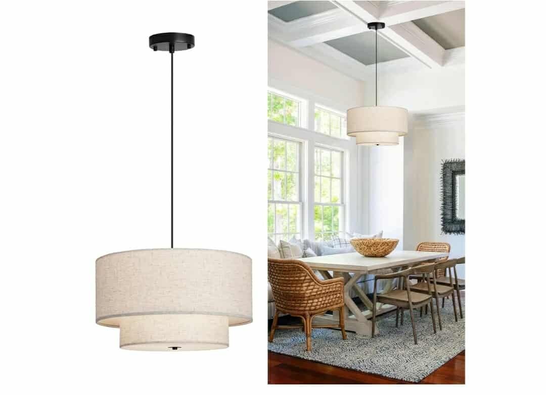 6040: New 18" Modern Double Drum Fabric Pendant Light, Large Hanging Ceiling Chandelier Fixture with Dual Layer Fabric Shade, Ideal