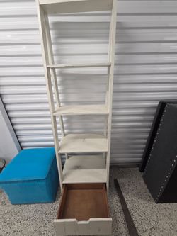 Tall White Wood Bookshelf with Bottom Drawer