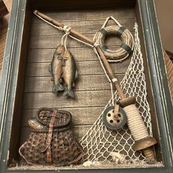 Fishing theme shadowbox wall hanging - coastal lakehouse cabin decor