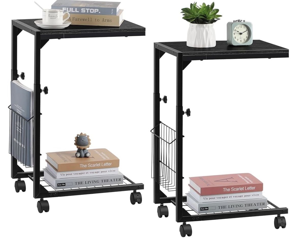 Shinoske Adjustable C Table - Side Tables Living Room Set of 2 with Wheels for Living Room and Bedroom,with Storage Mesh Basket,Slide Under Sofa Table