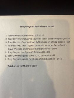 Tony Gwynn/Padres sports memorabilia