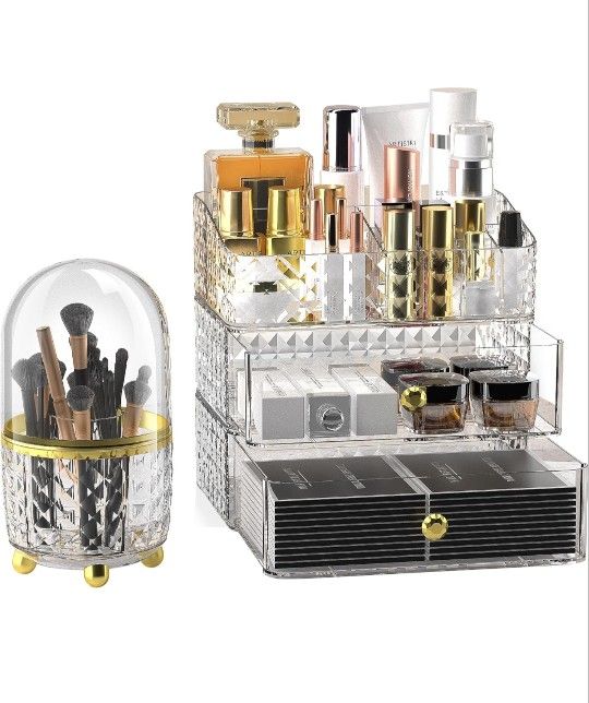 Brand New Makeup Organizer with Brush Holder,Cosmetics Display Case with Drawers,Cosmetics Organizer Storage Box (White)

