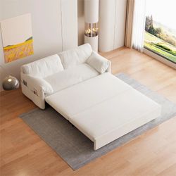 64" 3-in-1 Convertible Sleeper Sofa with Side Storage, Multi-Functional Velvet Loveseat Bed, 64" L x 33.5" W x 36" H, Beige  Product Detail