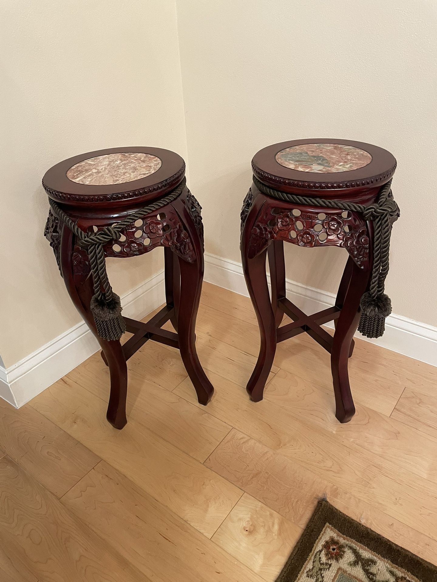 Set Of 3 Rosewood Carved Tables With Inlaid Marble And 2 Tassels