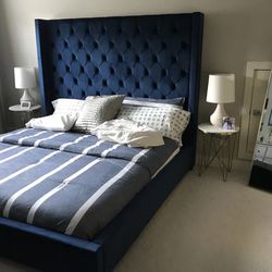 Queen Size Navy Blue Upholstered Bed With Adjustable Frame