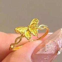 Sand gold butterfly ring women‘s niche design light luxury high-end tail ring fashion personality unique ring 2024 new model