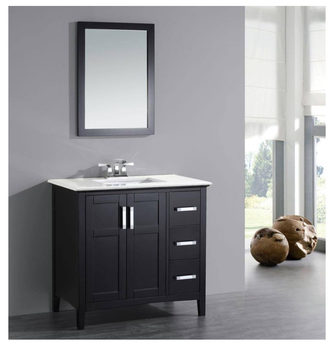 Winston 36 in. Bath Vanity in Black with Quartz Marble Vanity Top in Bombay White with White Basin