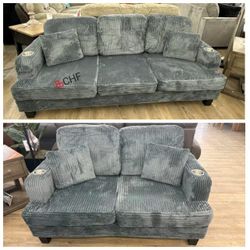 Corduroy 2 Piece Sofa And Loveseat Set With Cup Holder  - Labor Day Sale ! 