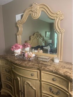 Queen bed  ,one nightstand and dresser with mirror
