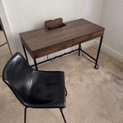 Office Desk + Black Leather Chair 