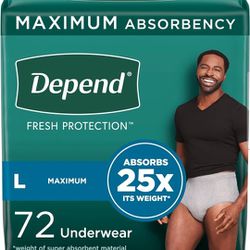 Depend Fresh Protection Adult Incontinence Underwear for Men (Formerly Depend Fit-Flex), Disposable, Maximum, Large, Grey, 72 Count (2 Packs of 36),


