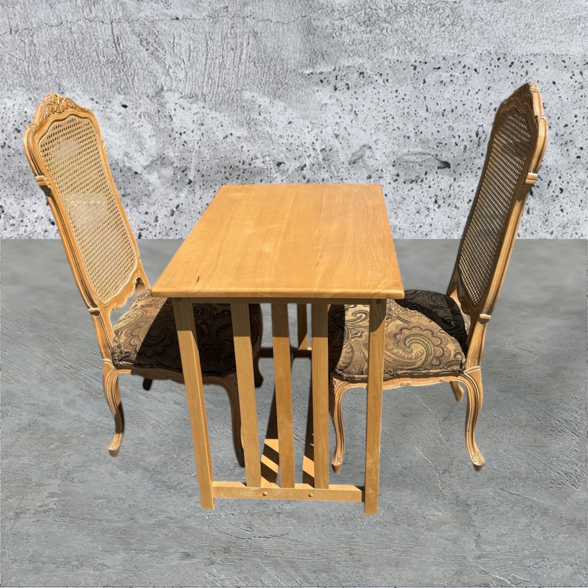 Small Wood Dining Table & 2 French Provincial Cane Back Wood Dining Chairs