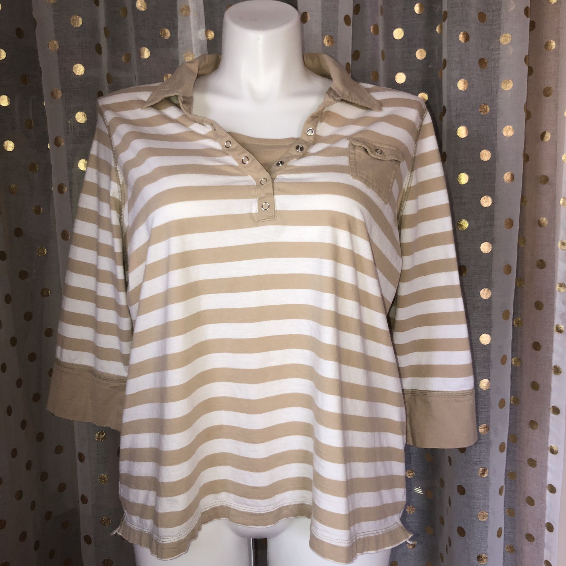 Tan and white striped 3/4 length sleeves collared shirt