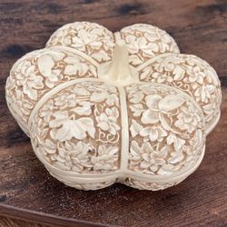 Vintage Faux Ivory Floral Carved Gourd Trinket Box