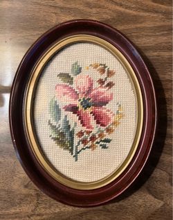 Vintage oval framed floral needlepoint