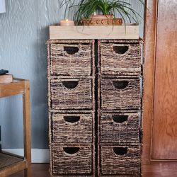 2 World Market Woven Seagrass Storage Tower 4 Drawer Baskets w/Metal Frames