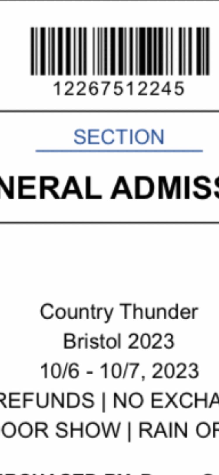 Two tickets Bristol country thunder October 6 and seventh