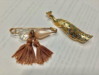 2 Vtg. Brooches Blue Rhinestone Peacock + Safety Pin Tassels Costume Jewelry