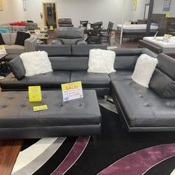 Sale 🔥$899 🔥 Black Or Gray Leather Sectional Sofa With Ottoman ** Ellenton Outlets ** No Credit Needed