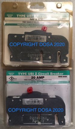 Lot of (2) Two Zinsco Twin 20A Thin Circuit Breaker, UBIZ-2020