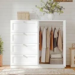 Four Drawer Two Door Wardrobe Closet with Hanging Rod Compact White Cabinet for Bedroom Nursery